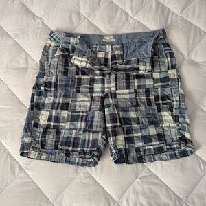 LL Bean Favorite Fit women's navy madras patchwork bermuda shorts, size 16